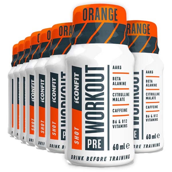 12kpl ICONFIT Pre-Workout Shot Orange urheilujuoma 60ml