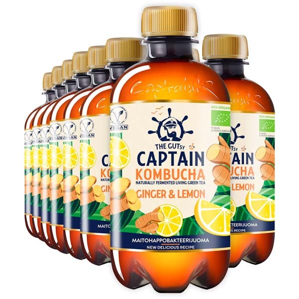 12kpl The Gutsy Captain Kombucha Ginger Lemon fermentoitu teejuoma luomu 400ml