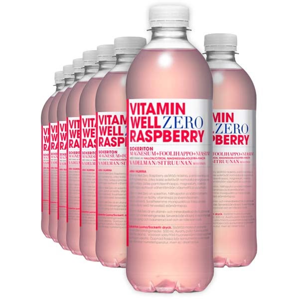 12kpl Vitamin Well Zero Raspberry vitaminoitu hiilihapoton juoma 500ml
