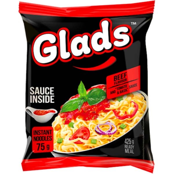 Glads Naudanlihanmakuinen pikanuudeli tomaatti-basilikakastikkeella 75g