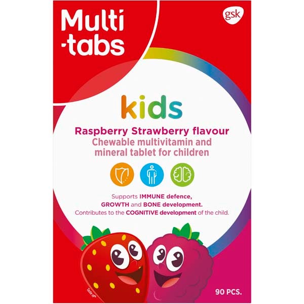 Multi-tabs Kids Vadelma-Mansikka monivitamiini-kivennäisainetabletti 90tabl