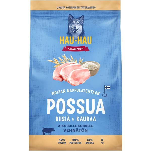 Hau-Hau Champion Possua, riisiä & kauraa täysravinto aikuisille koirille 9kg