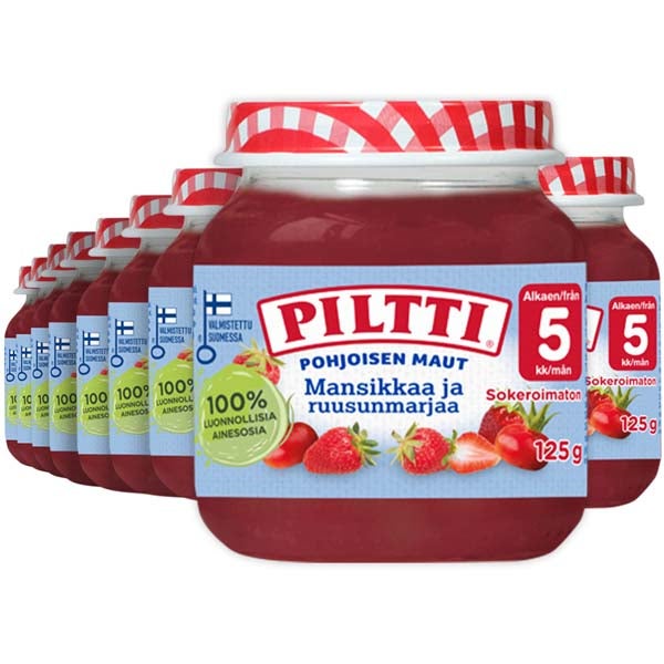 12kpl Piltti Pohjoisen Maut Mansikkaa & Ruusunmarjaa marjasose 5kk 125g
