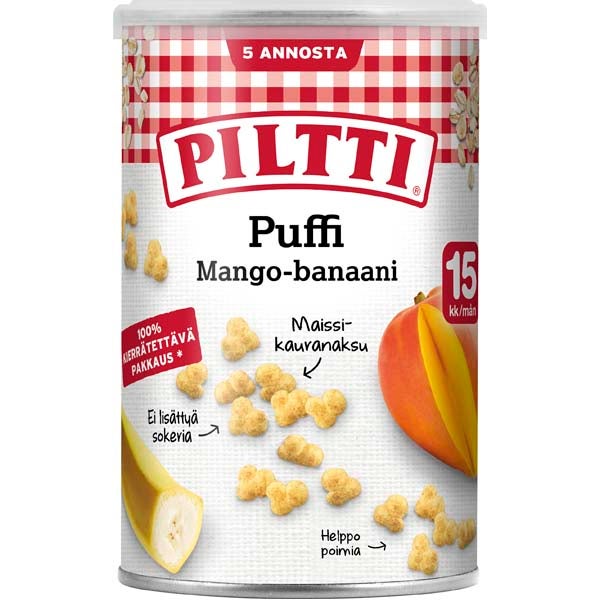 Piltti Puffi Mango-banaani maissi- ja kauranaksu 15kk 175g
