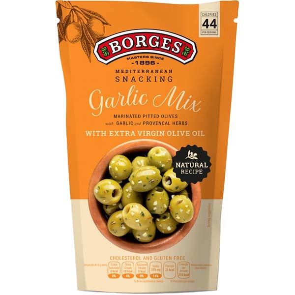 Borges Garlic Mix vihreitä oliiveja ja valkosipulia oliiviöljyssä 350/150g
