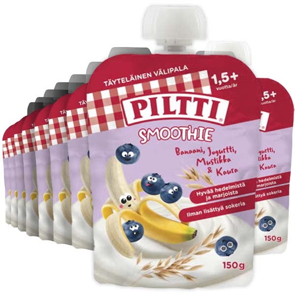 12kpl Piltti Smoothie Banaani, jogurtti, mustikka & kaura annospussi 1,5v+ 150g